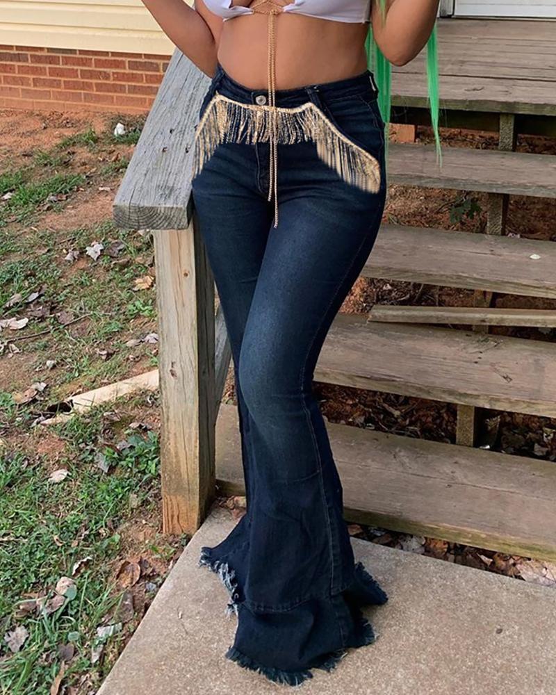 

Tassel Design Fringe Hem Bootcut Jeans, Dark blue