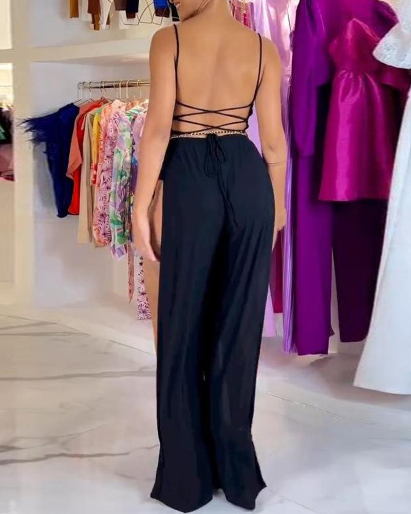 

Backless Side Slit Cami Jumpsuit, Black