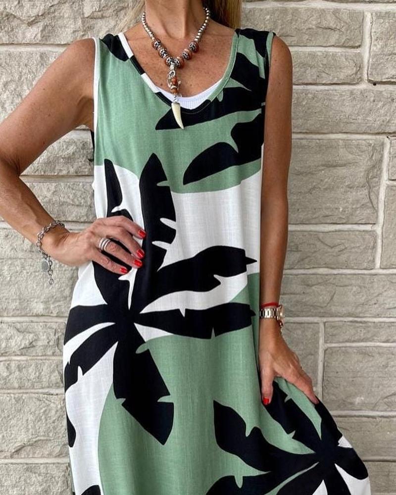 

Palm Leaf Print Sleeveless Maxi Dress, Green