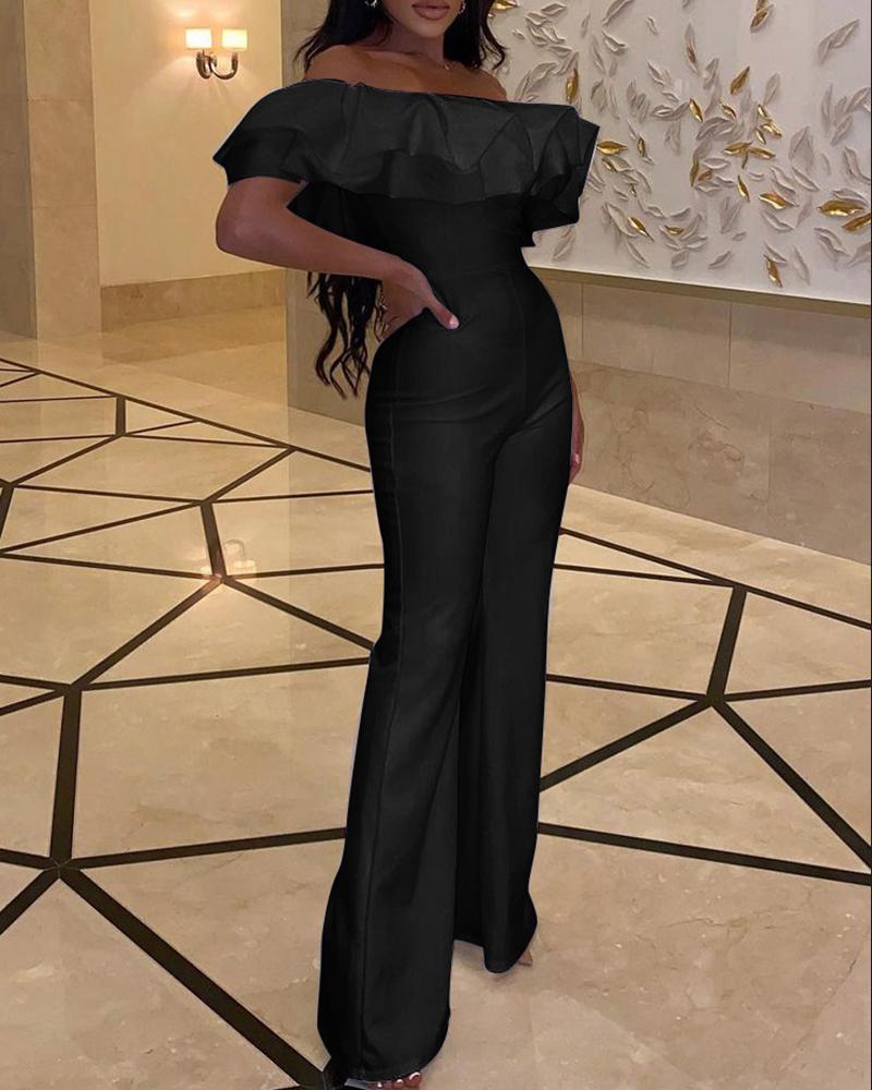 

Off Shoulder Layered Ruffles Bootcut Jumpsuit, Black