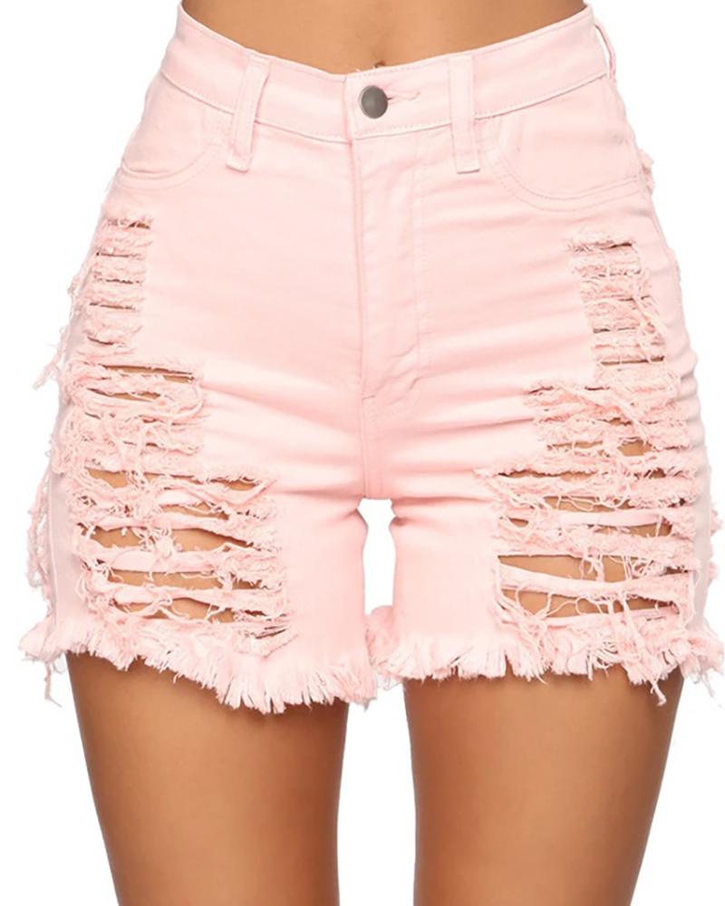 

Fringe Ripped High Waist Denim Shorts, Pink