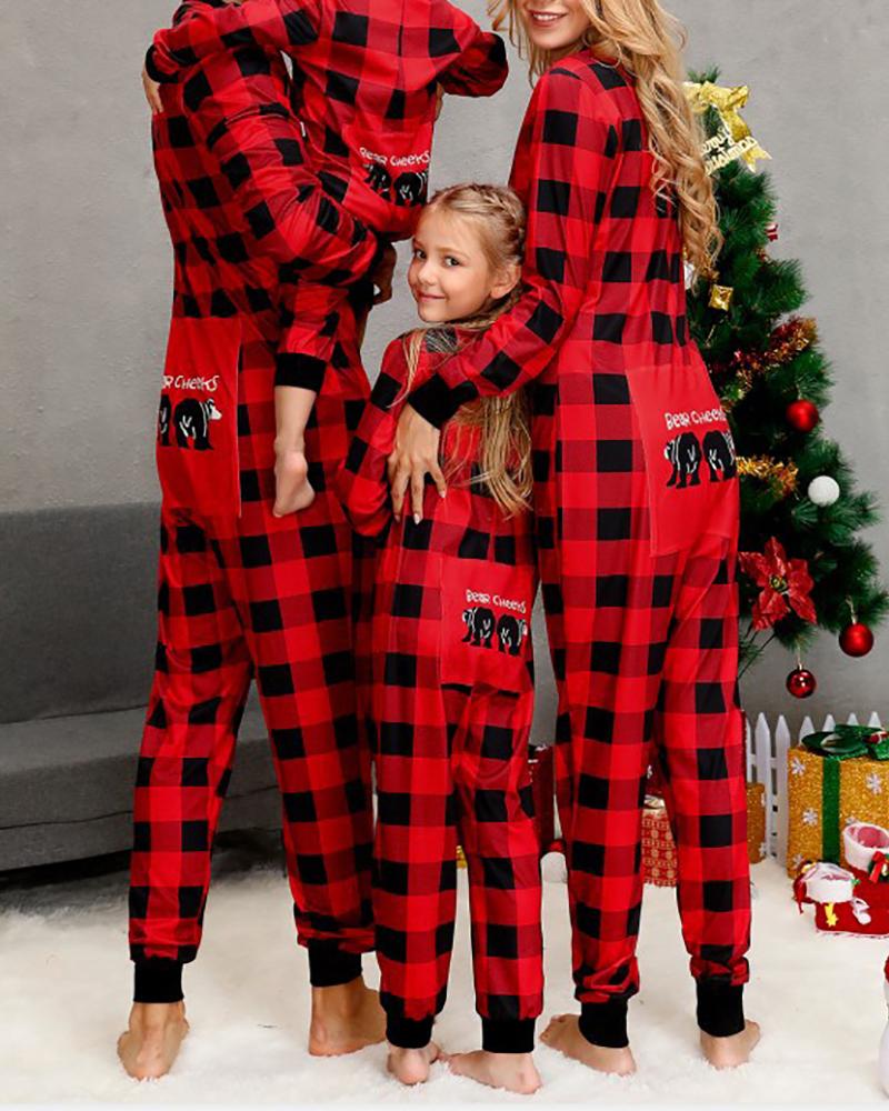 

Christmas Letter Cartoon Plaid Print Functional Family Pajamas For Mom, Red