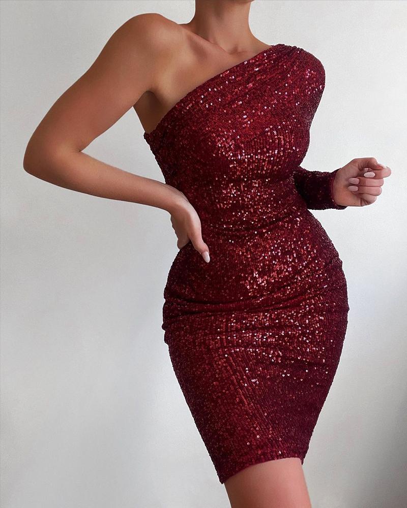 

One Shoulder Sequins Skinny Party Dress, Wine red