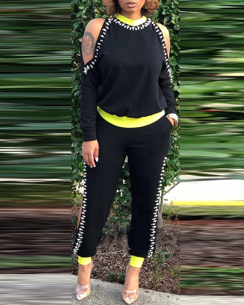 

Studded Border Cold Shoulder Long Sleeve Blouse With Cut-out Pants Suit Sets, Black