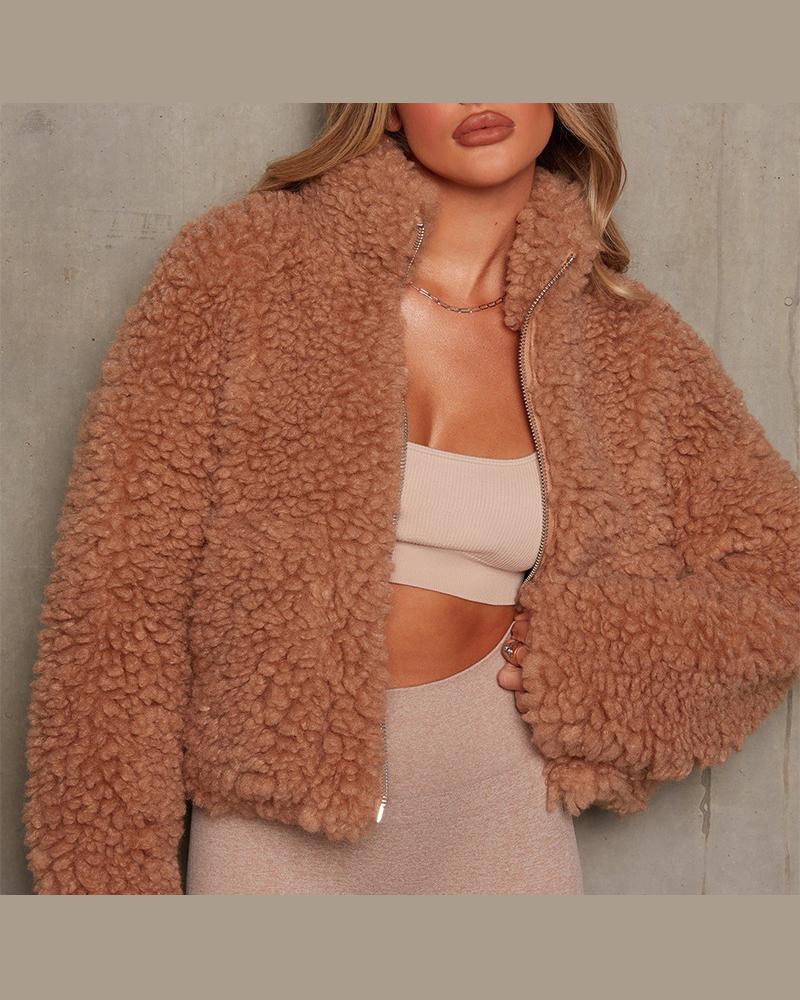 

Zipper Pocket Design Fleece Coat, Brown