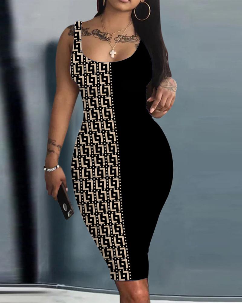 

Geometric Print Sleeveless U-Neck Bodycon Dress, Black