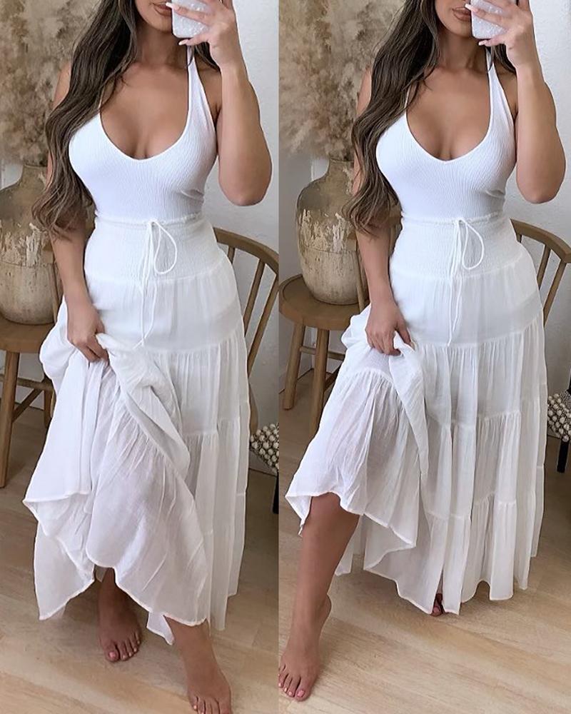 

High Waist Drawstring Shirring Detail Maxi Skirt, White