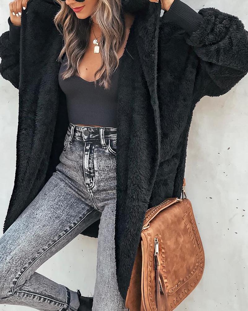 

Long Sleeve Fleece Hooded Coat, Black