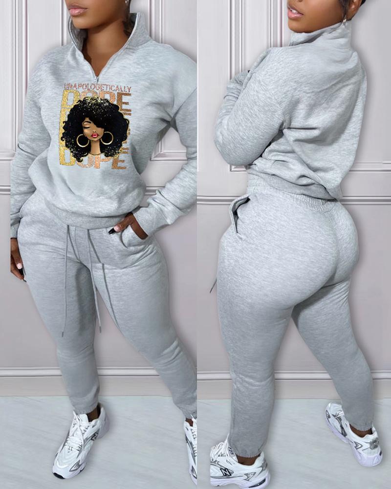 

Figure Letter Print Casual Top & Drawstring Pants Set, Gray