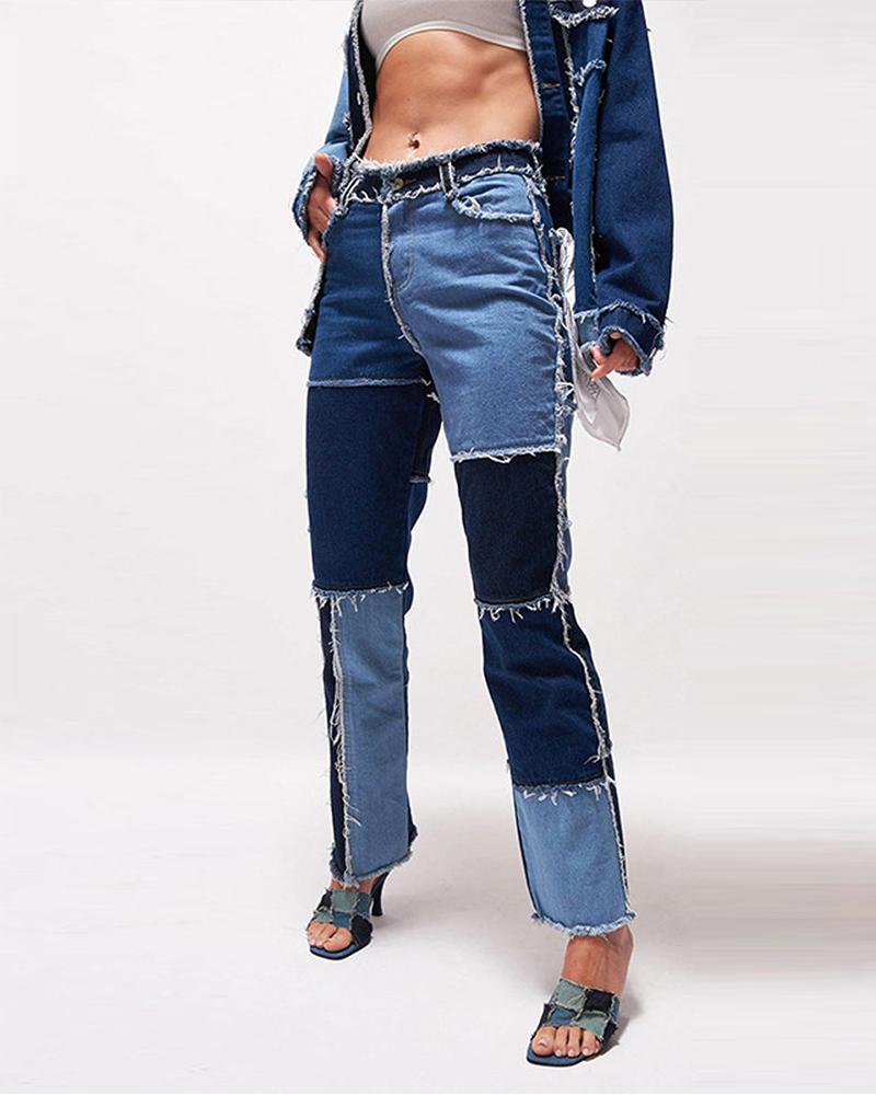 

Colorblock Patchwork Straight Leg Denim Pants, Blue