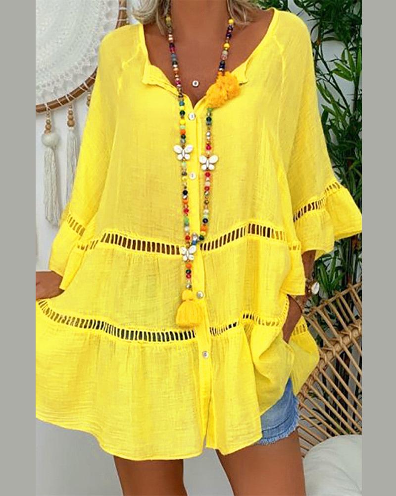 

Bell Sleeve Hollow Out Buttoned Casual Dress, Yellow