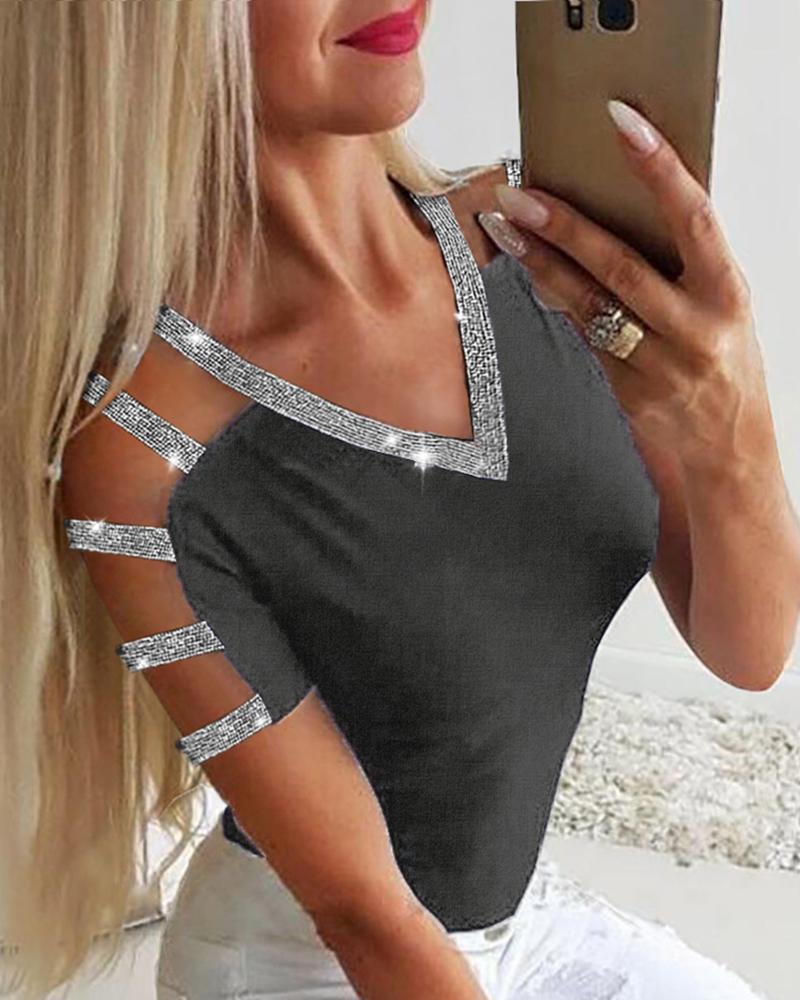 

Glitter Strap Ladder Cutout Sleeve Casual Top, Gray