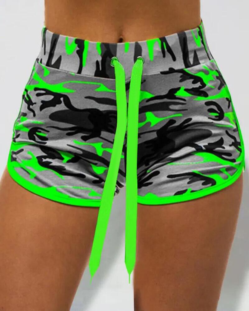 Camouflage Print Drawstring High Waist Shorts