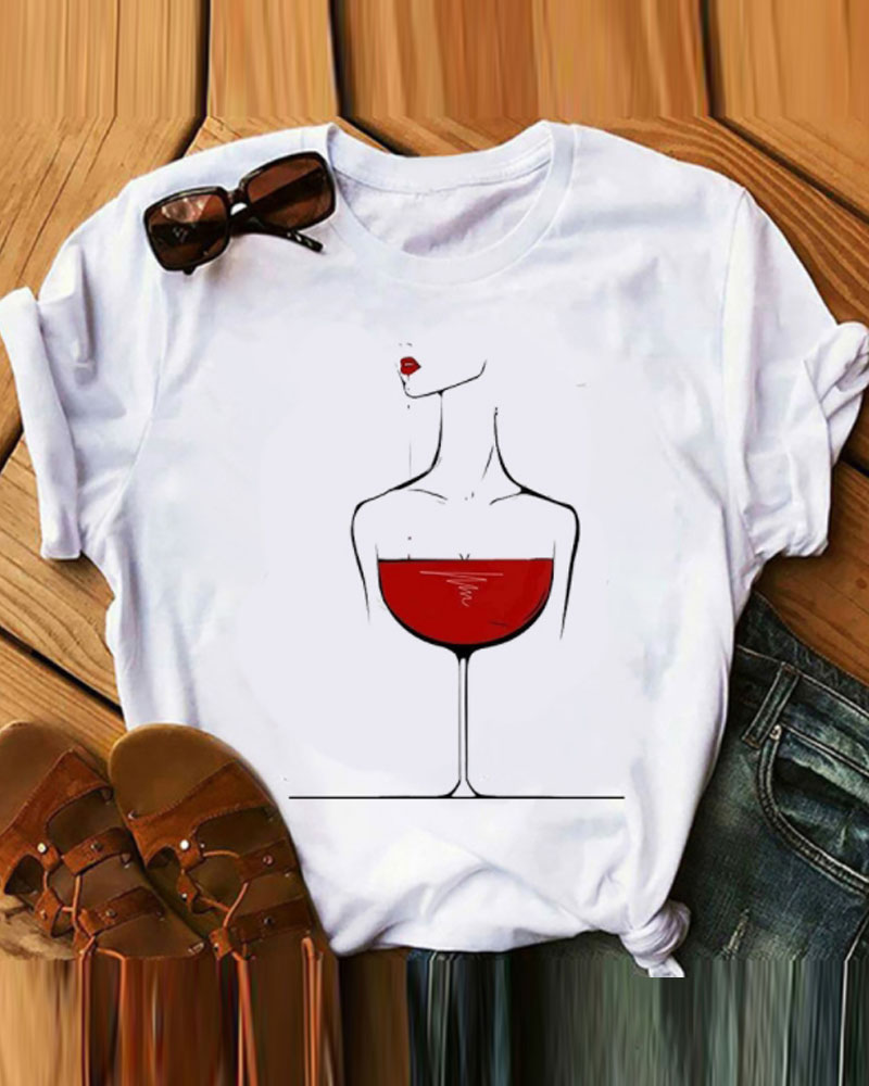 

Wine Glass Print Casual T-shirt, Style3