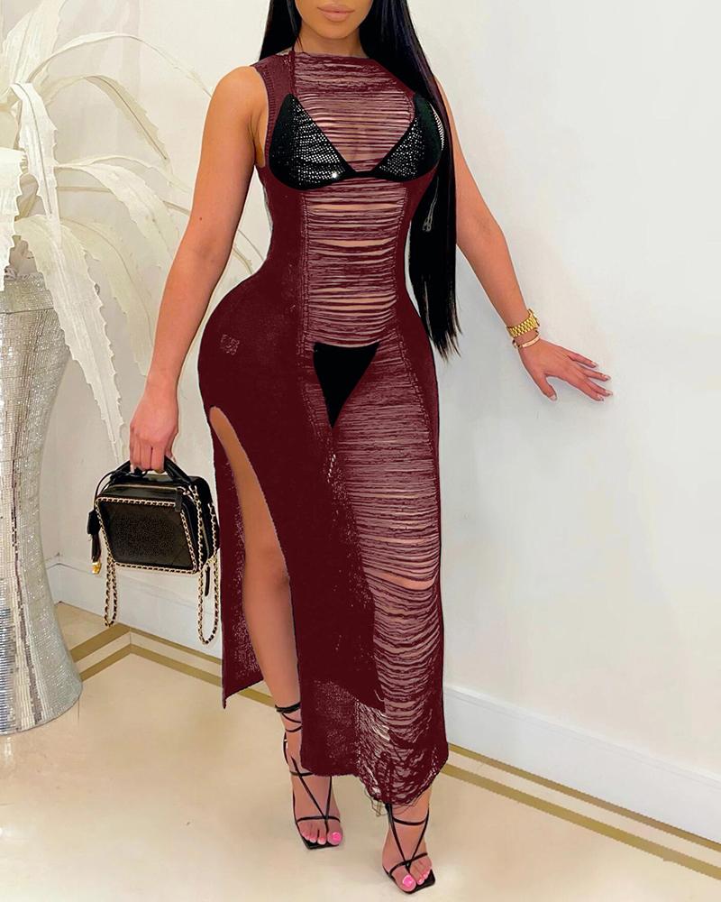 

Ladder Cutout High Slit Maxi Dress, Wine red