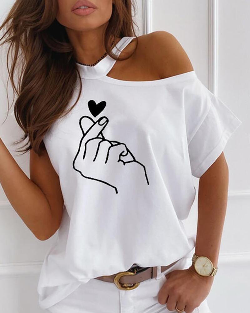 

Cold Shoulder Print Casual T-shirt, White