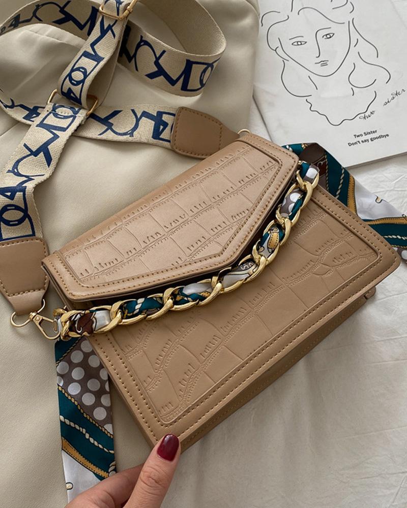 

Embossed Chain Decor Flap Shoulder Bag, Coffee