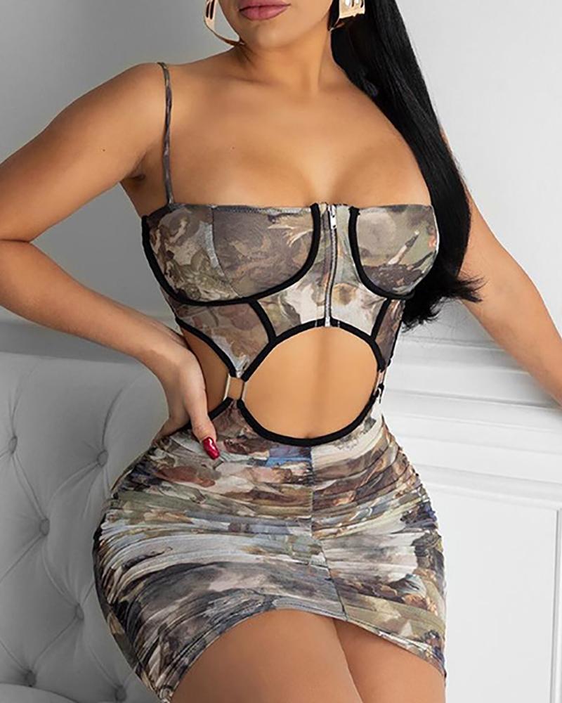 

Spaghetti Strap Cutout Angel Print Zipper Design Bodycon Dress, White