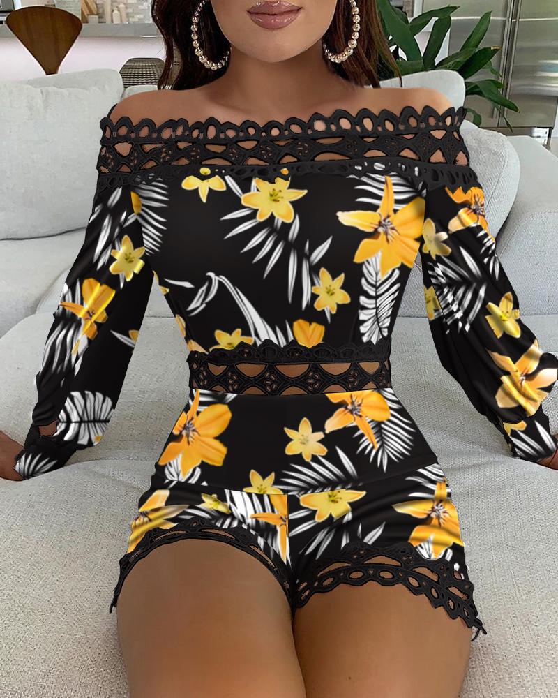 

Off Shoulder Lace Patch Floral Print Romper, Black