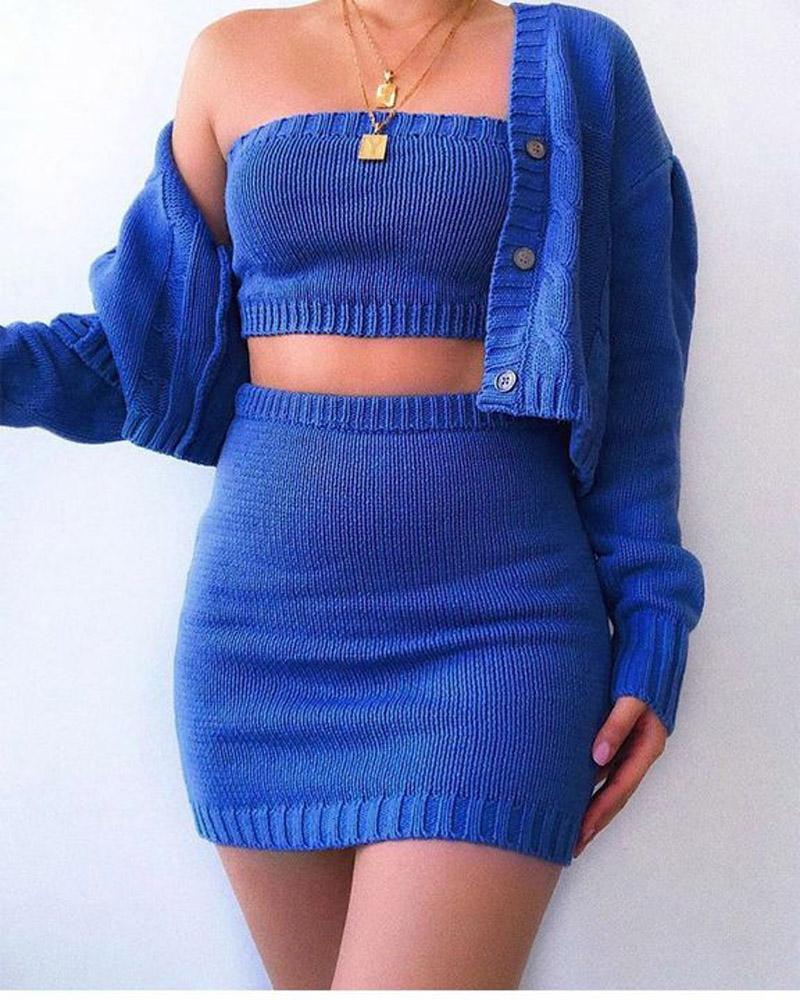 

Crop Tube Top & Skirt With Cable Knit Cardigan, Blue