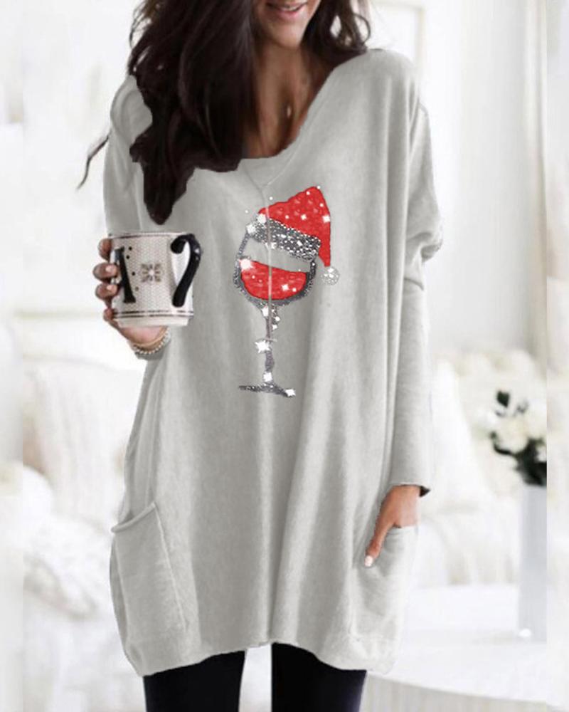 

Christmas Graphic Print Pocket Design Casual Dress, Gray