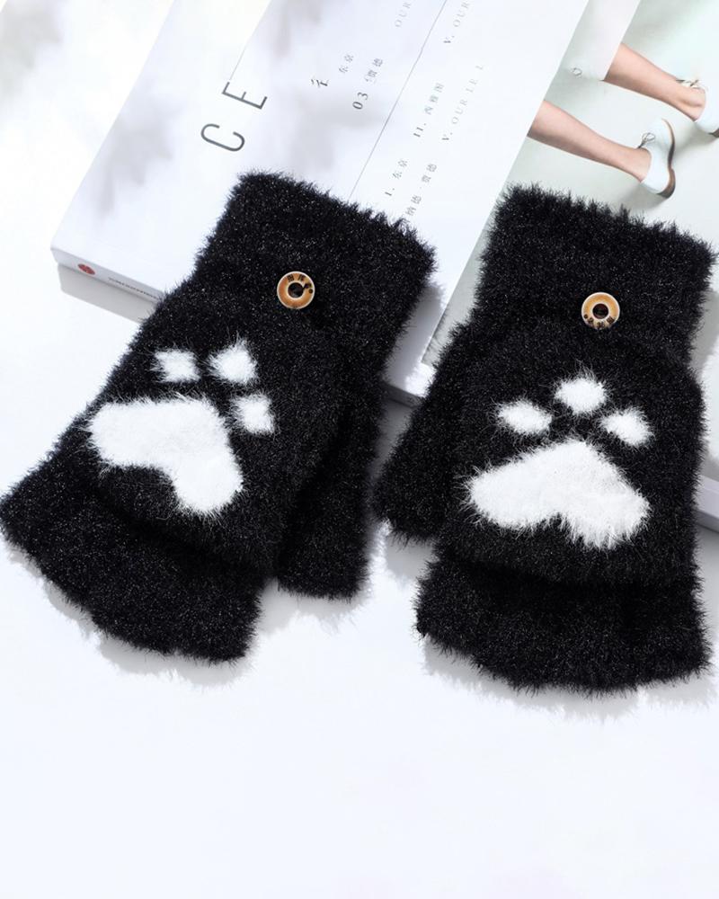 

1Pair Fuzzy Claw Pattern Mitten Flap Warm Half Fingerless Thermal Gloves, Black