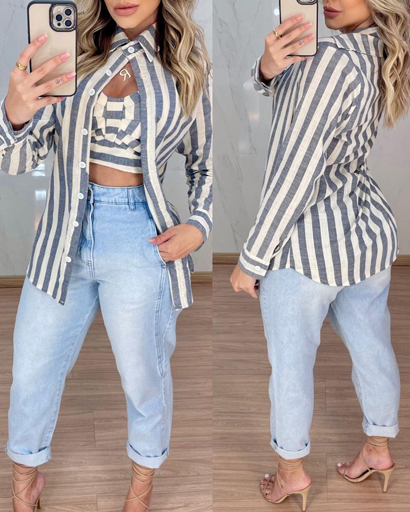 

Striped Shirt & Bowknot Design Cami Top Set, Gray