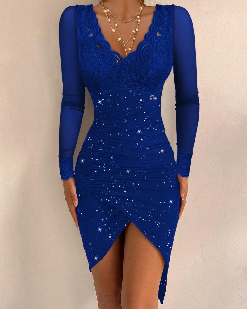 

Contrast Lace Long Sleeve Ruched Glitter Bodycon Dress, Blue