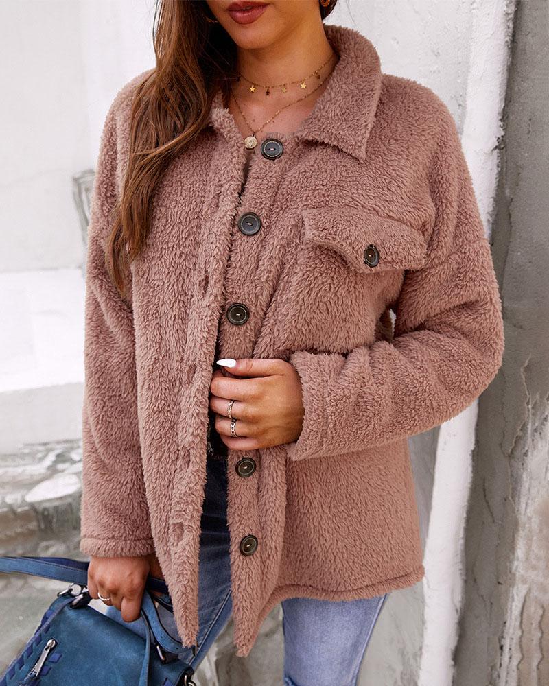 

Long Sleeve Flap Detail Button Front Teddy Coat, Pink