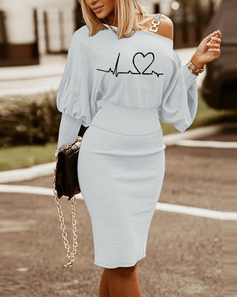 

Heart Print Lantern Sleeve Cold Shoulder Work Dress, Gray