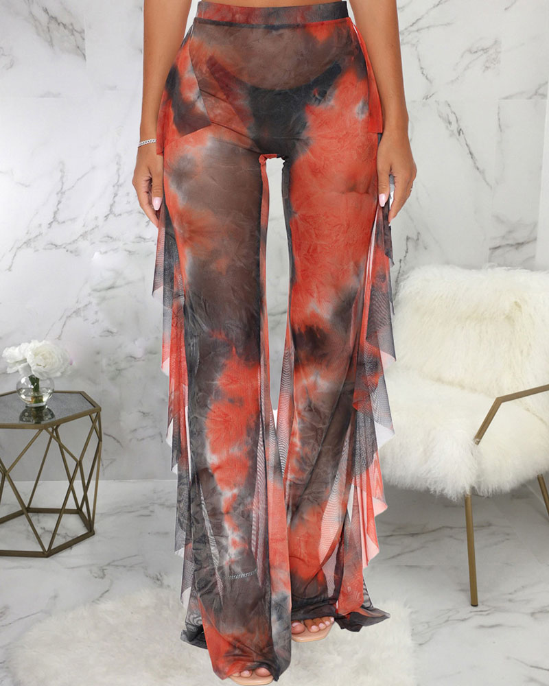 

Leopard Print Side Ruffles Mesh Pants Beachwear, Style2