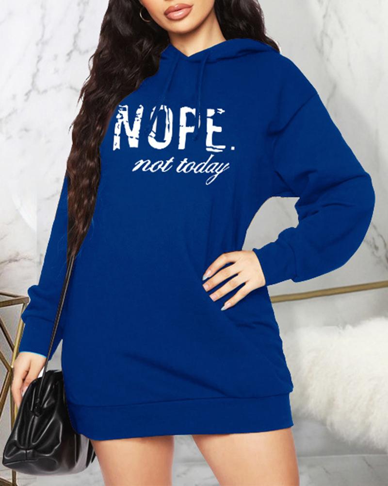 

Letter Print Pocket Design Hooded Dress, Blue