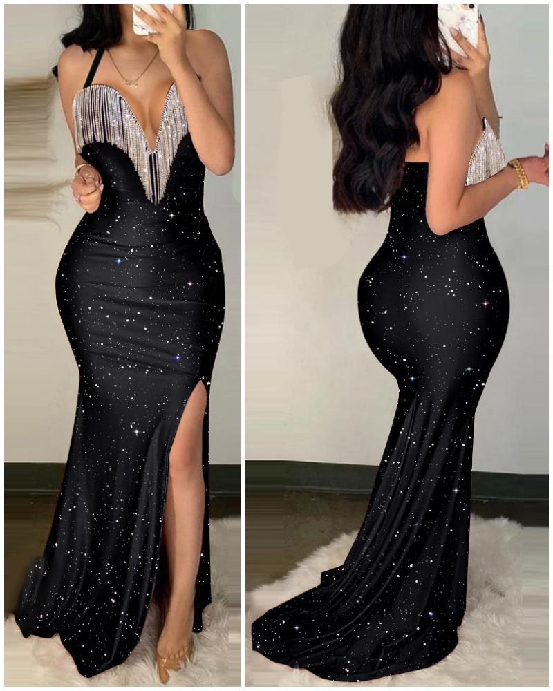 

Halter High Slit Tassel Design Glitter Mermaid Evening Dress, Black