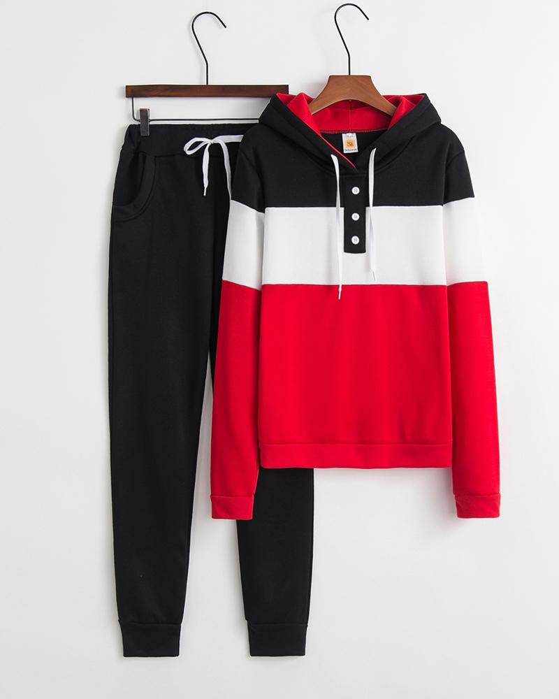 

Colorblock Hooded Top & Drawstring Pants Set, Black