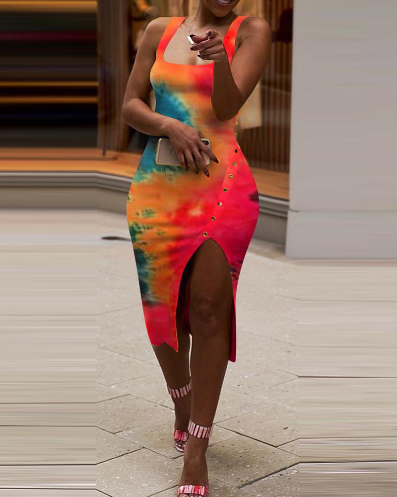 

Rivet Decor Tie Dye Print Slit Thick Strap Dress, Orange