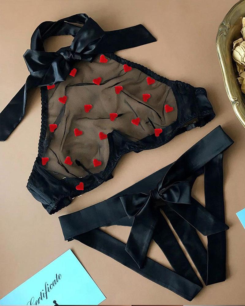 

Heart Pattern Cutout Sheer Mesh Bowknot Bra Set, Black