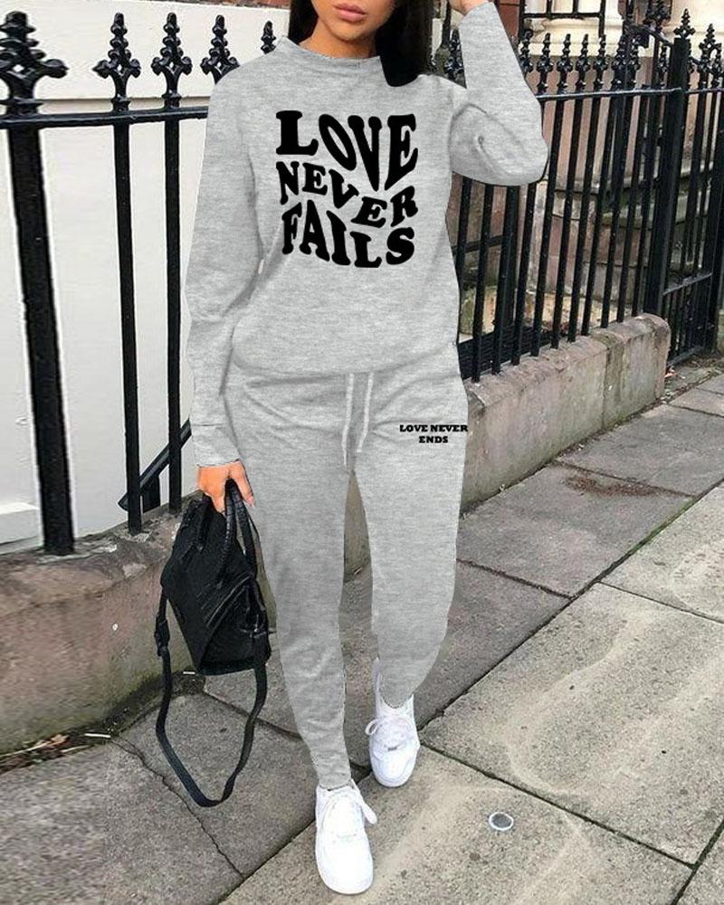 

Plus Size Letter Print Long Sleeve Casual Top & Pants Set, Gray