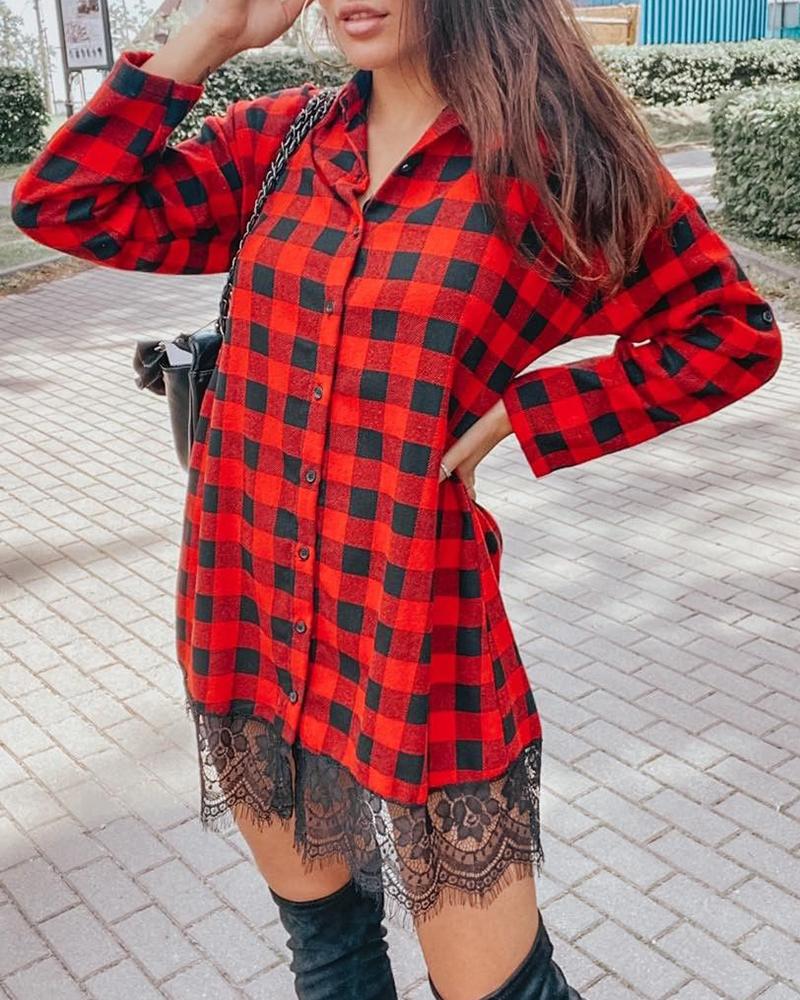 

Eyelash Lace Patch Plaid Print Shirt Dress, Red