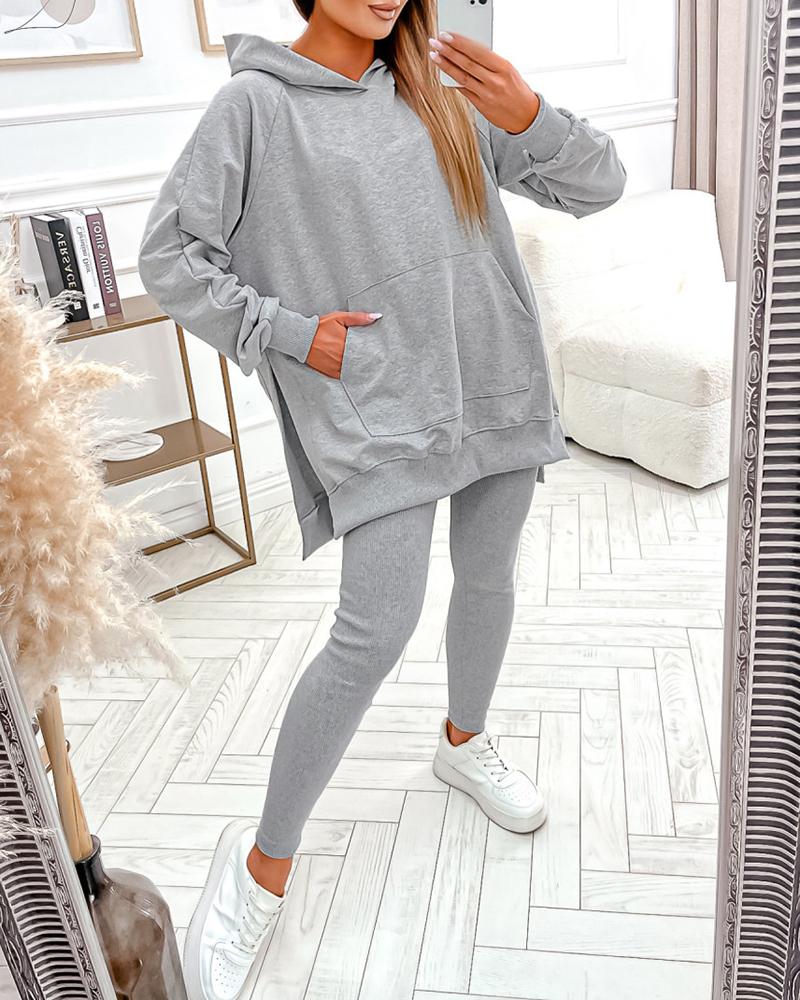 

Pocket Design Slit Hooded Top & Pants Set, Gray