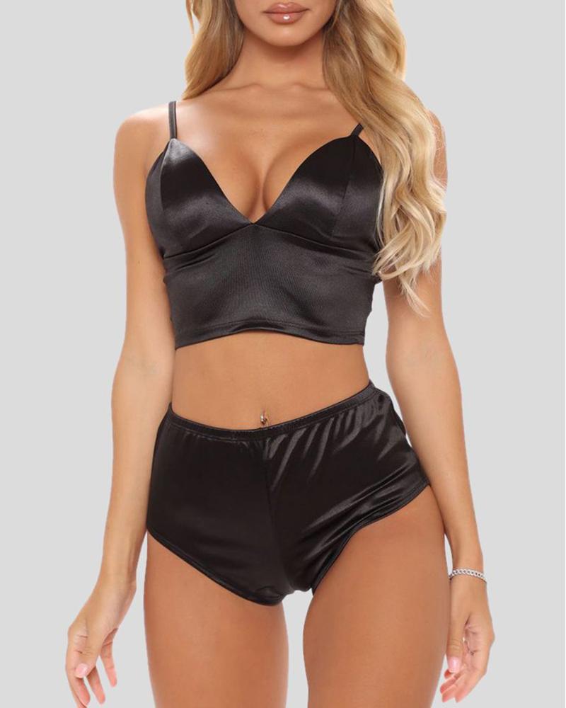 

Satin Spaghetti Strap Lingerie Set, Black