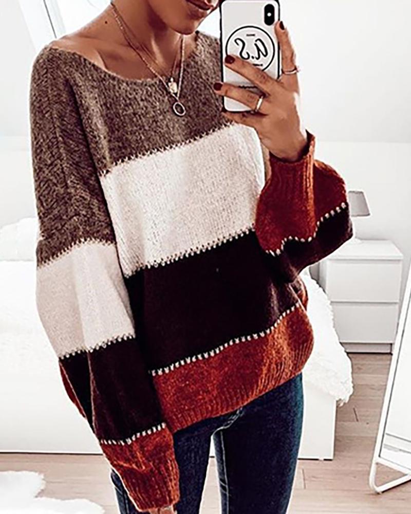 

Colorblock Knit Long Sleeve Casual Sweater, Wine red