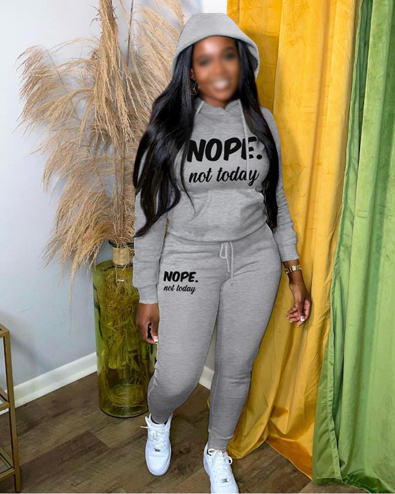 

Letter Print Long Sleeve Drawstring Hoodie & Pants Set, Gray