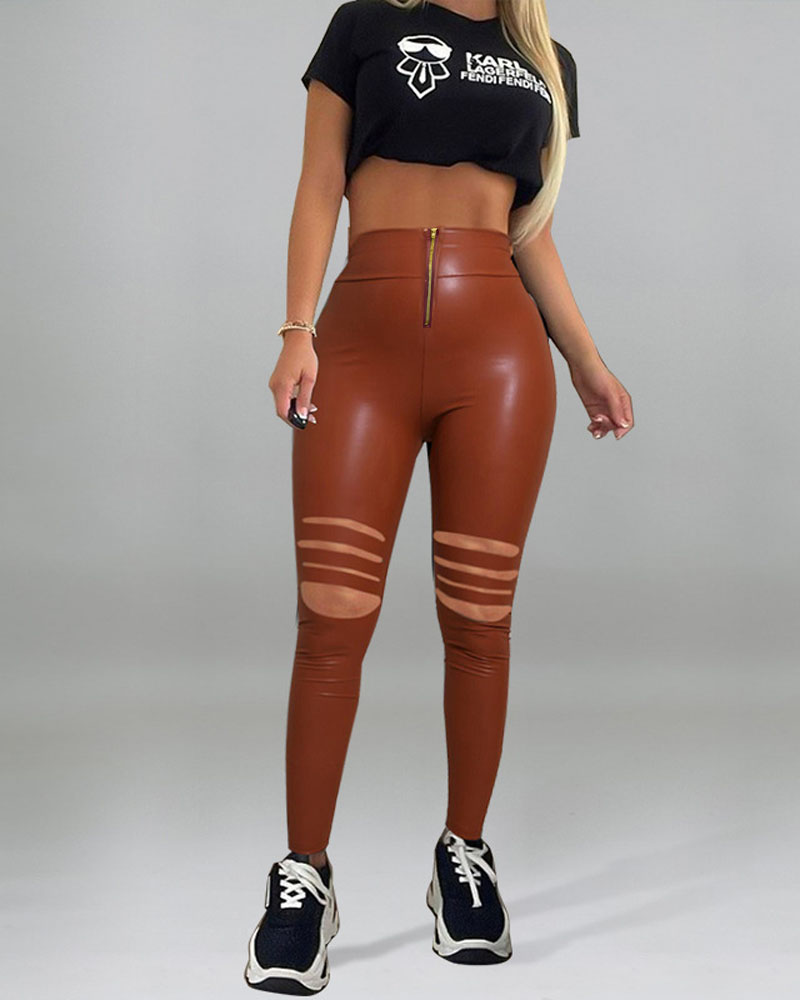

Zipper Fly Ladder Cutout PU Leather Skinny Pants, Wine red