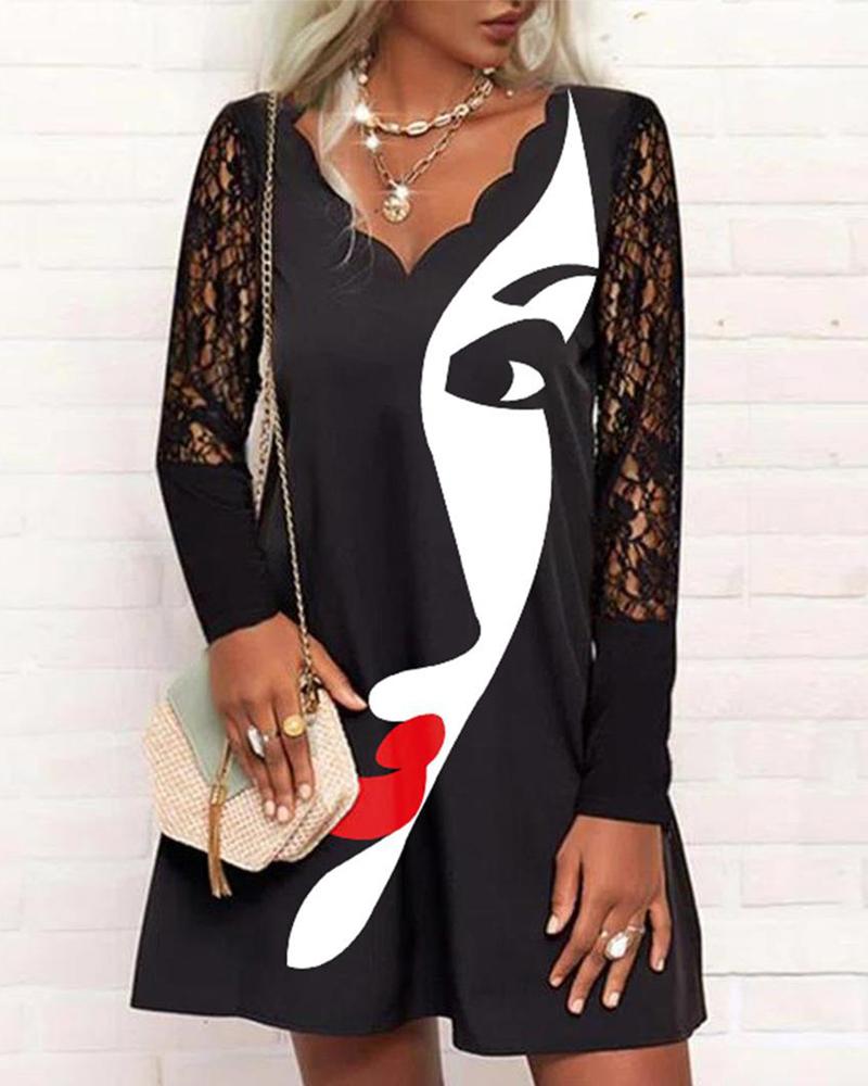 

Figure Print Contrast Lace Long Sleeve Casual Dress, Black
