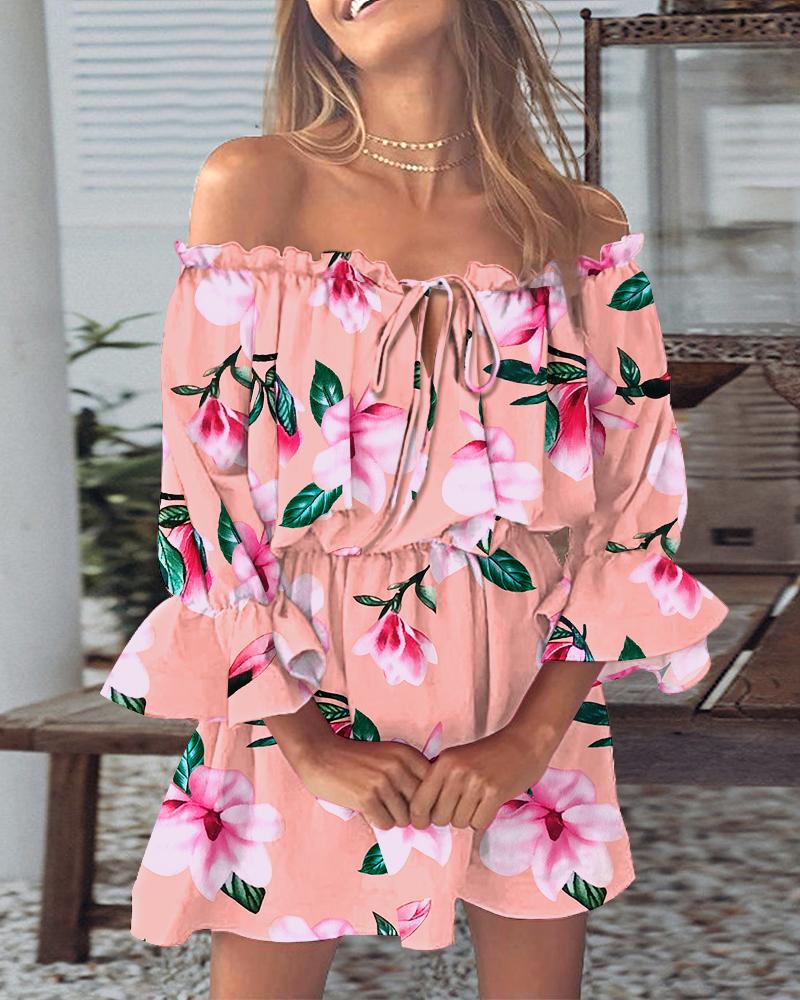 

Floral Print Off Shoulder Bell Sleeve Casual Dress, Pink