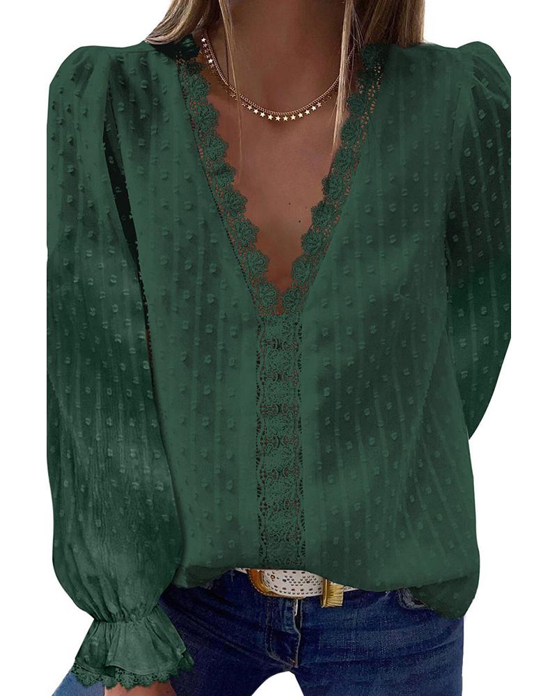 

Lace Patch Swiss Dot Lantern Sleeve Top, Green