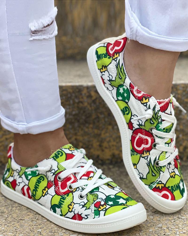 

Christmas Graphic Print Lace-up Canvas Slip-On, Green