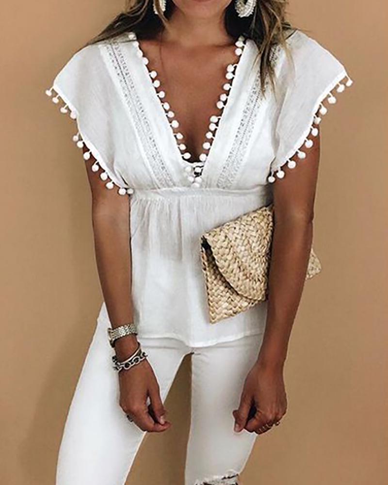 

V-Neck Pom Poms Lace Stitching Blouse, White