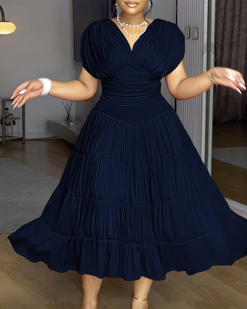 

Textured V Neck Sleeveless Ruched Ruffles Hem Dress Casual Waist A Line Party Midi Dress, Dark blue