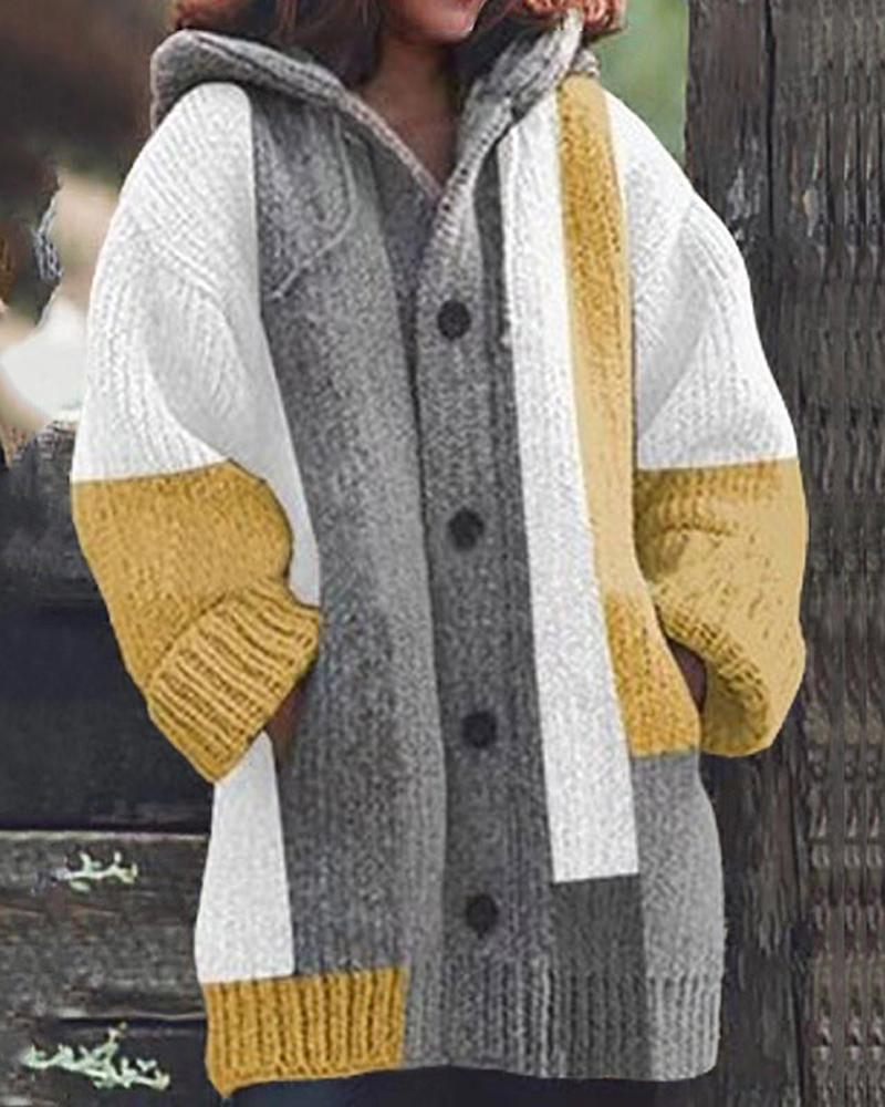 

Colorblock Long Sleeve Hooded Cardigan, Yellow